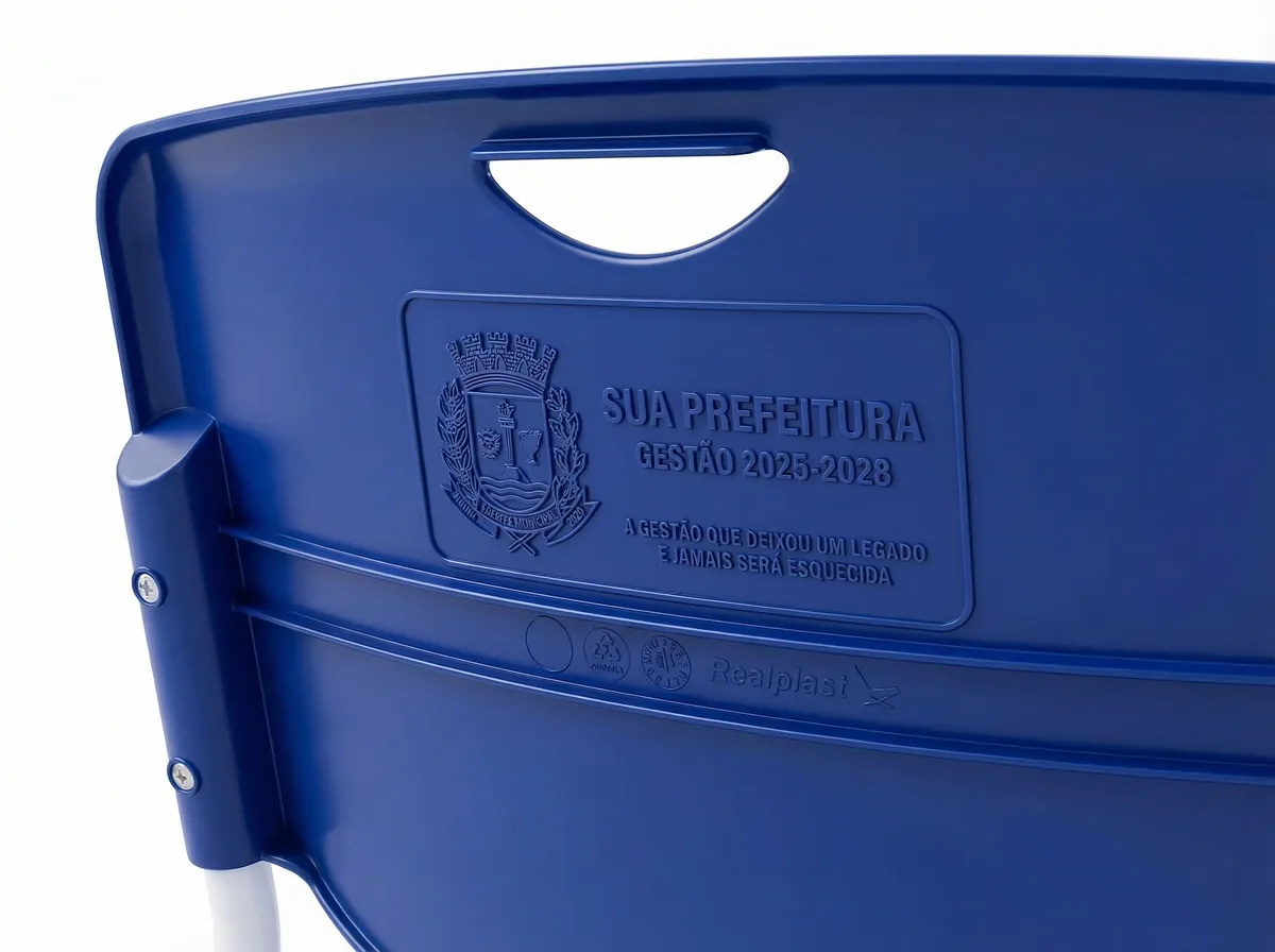 Brasão da prefeitura em alto relevo na cadeira